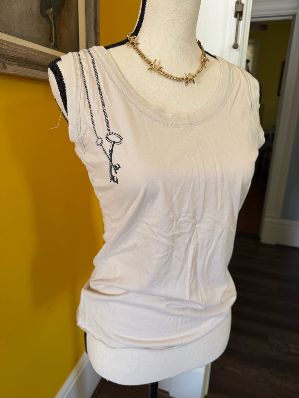 See By Chloe Cream Tank Top with Key Graphic